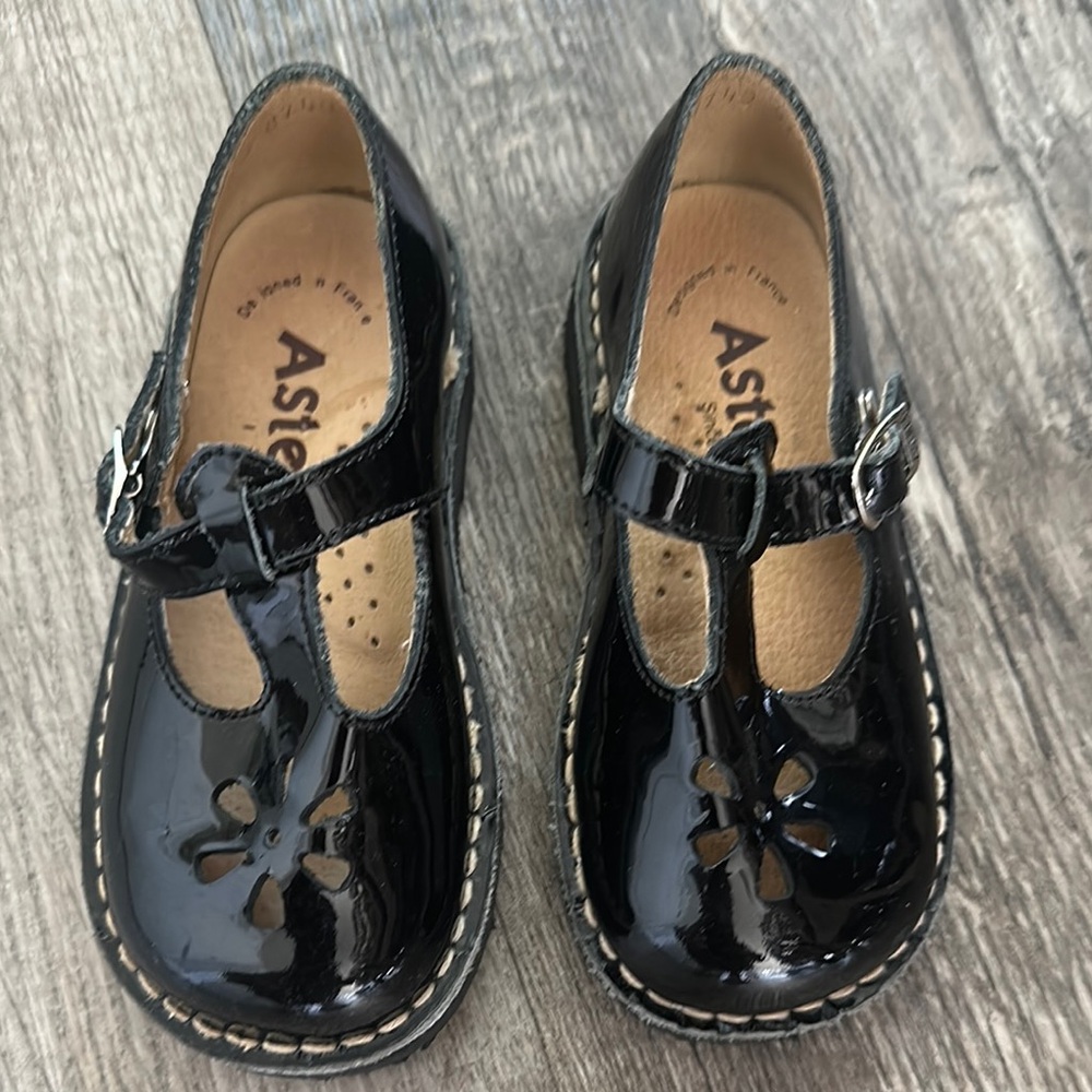 ASTER Black Leather Mary Janes Girls Shoes Made In France